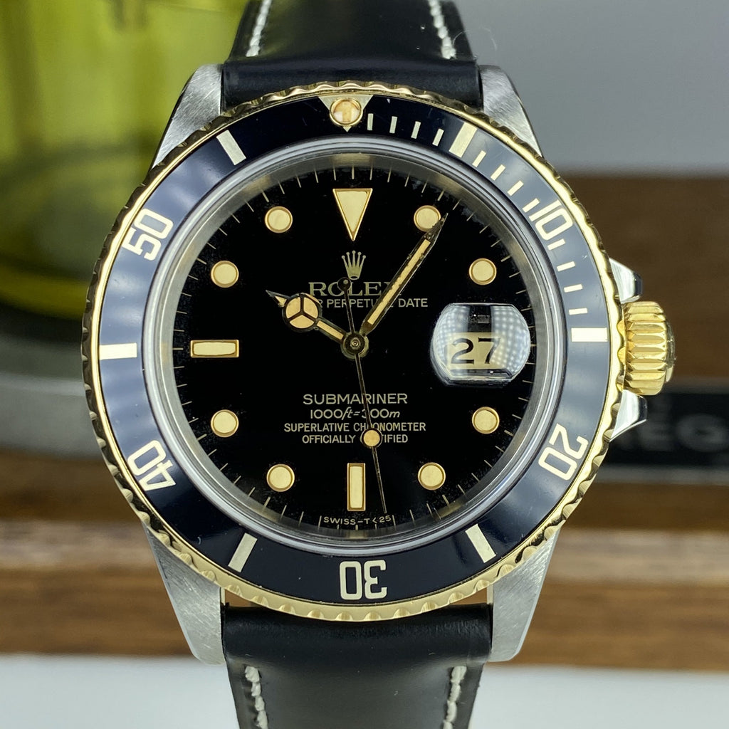 1986 Vintage Rolex 16803 Submariner 2 Tone Gold & Steel Black Patina Dial