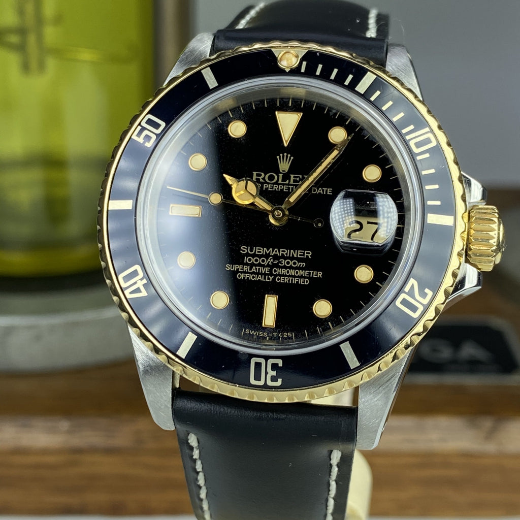 1986 Vintage Rolex 16803 Submariner 2 Tone Gold & Steel Black Patina Dial