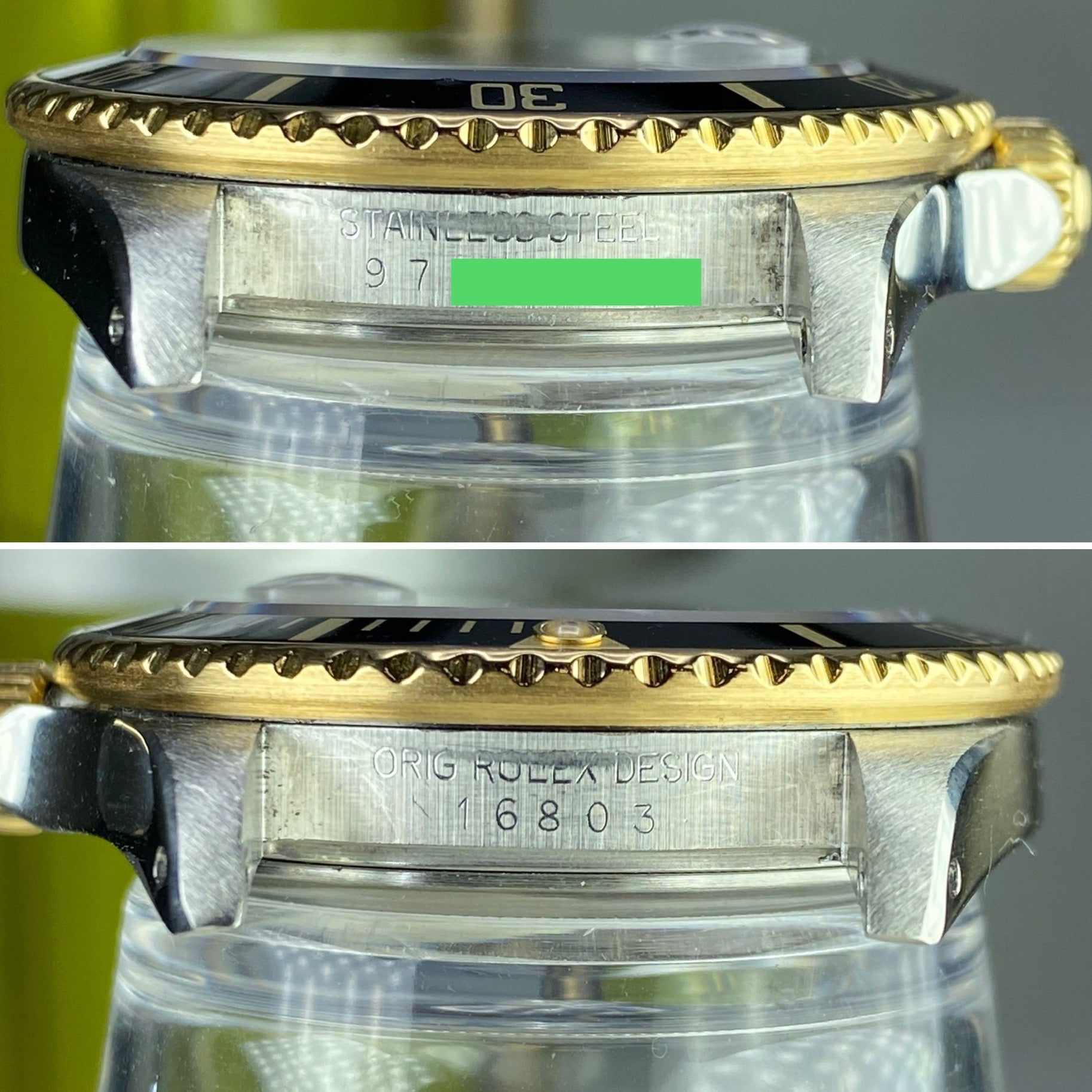 1986 Vintage Rolex 16803 Submariner 2 Tone Gold & Steel Black Patina Dial