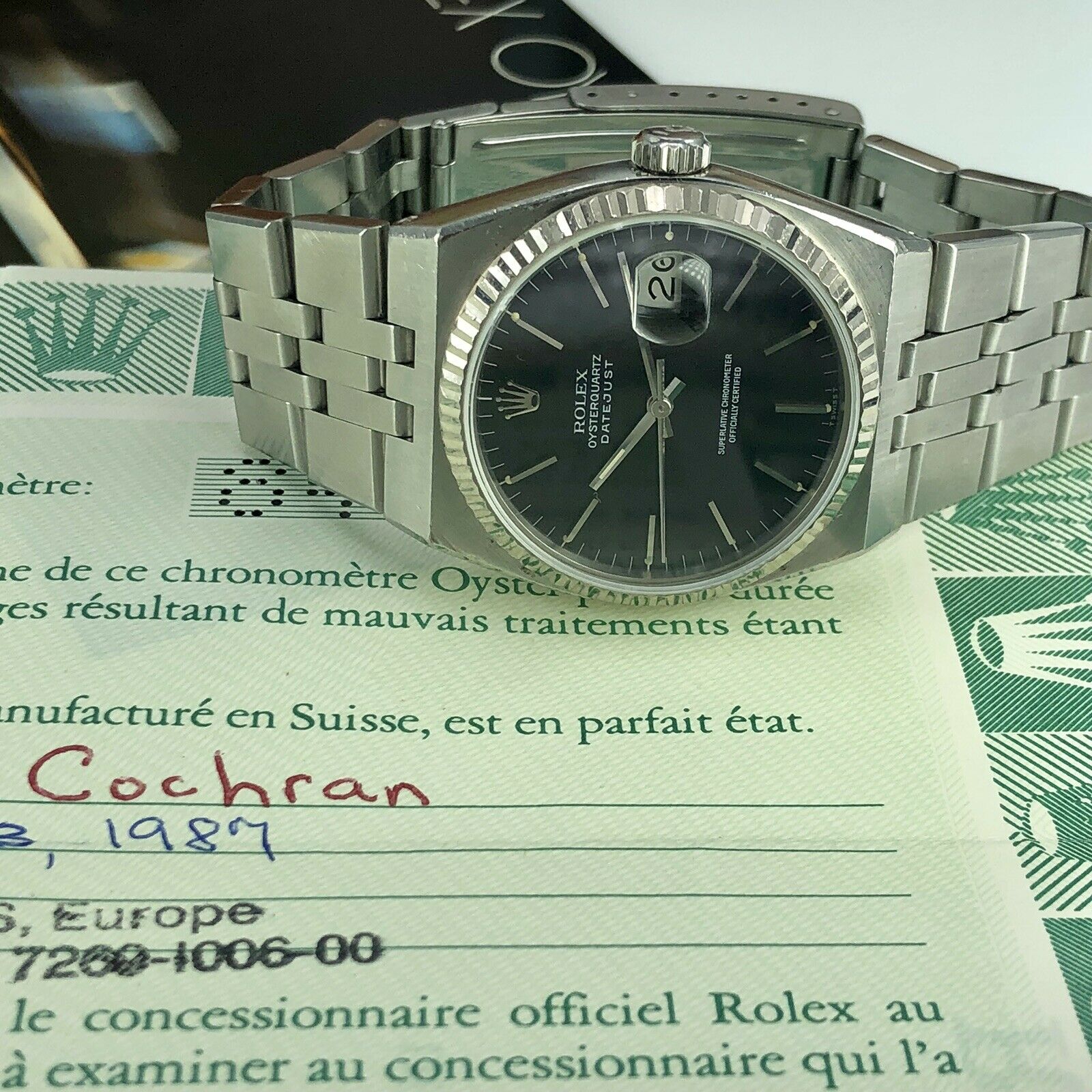 1987 Vintage Rolex DateJust Oyster quartz 17014 Black Unpolished box & Papers