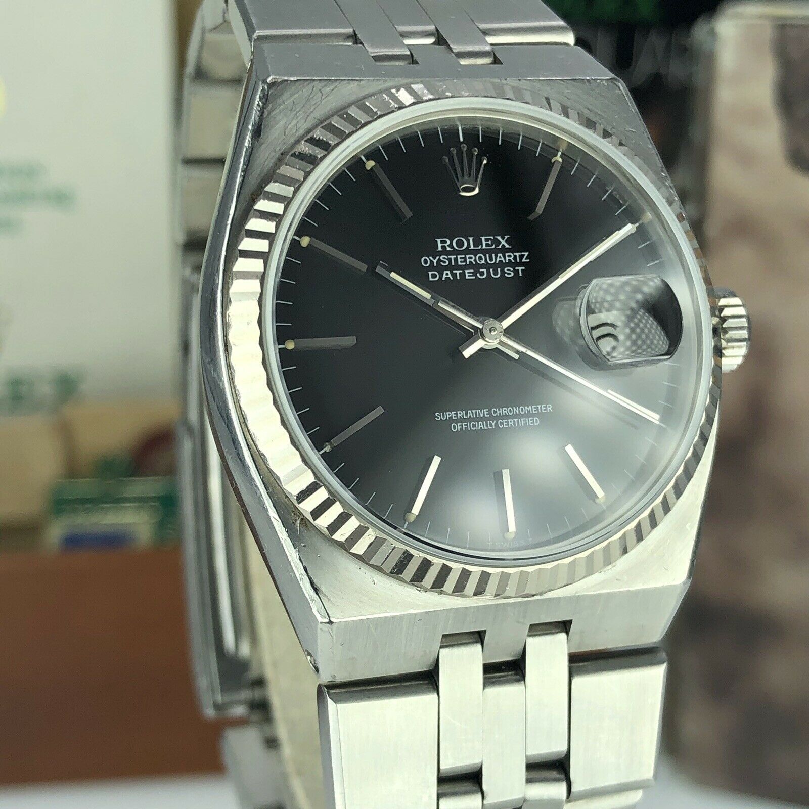 1987 Vintage Rolex DateJust Oyster quartz 17014 Black Unpolished box & Papers