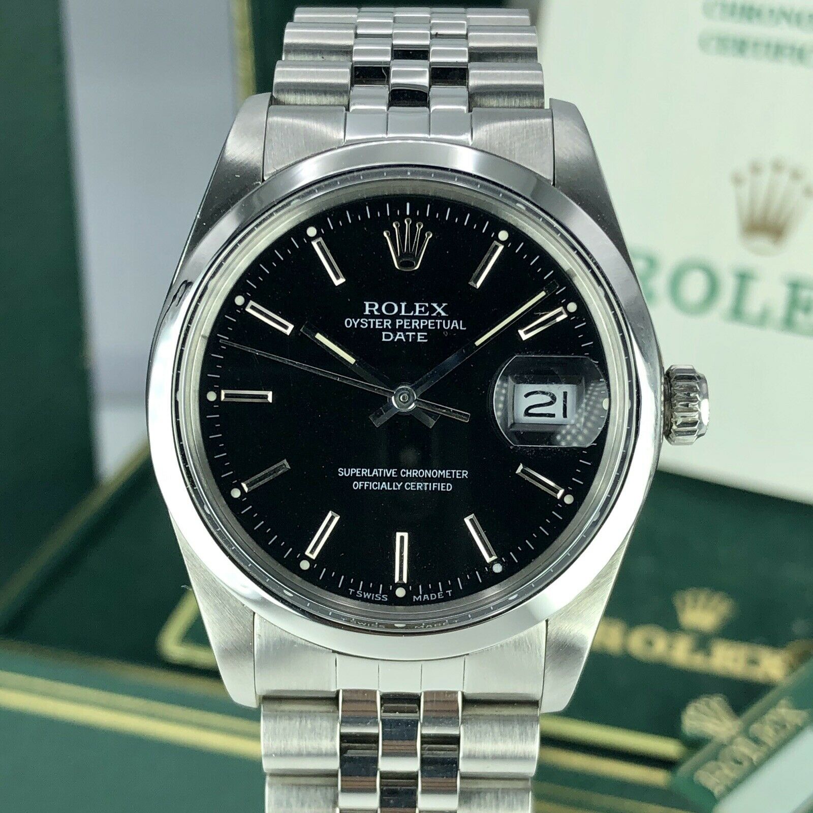 1988 Vintage Rolex Date 15000 Black Dial Unpolished Jubilee Box and Papers