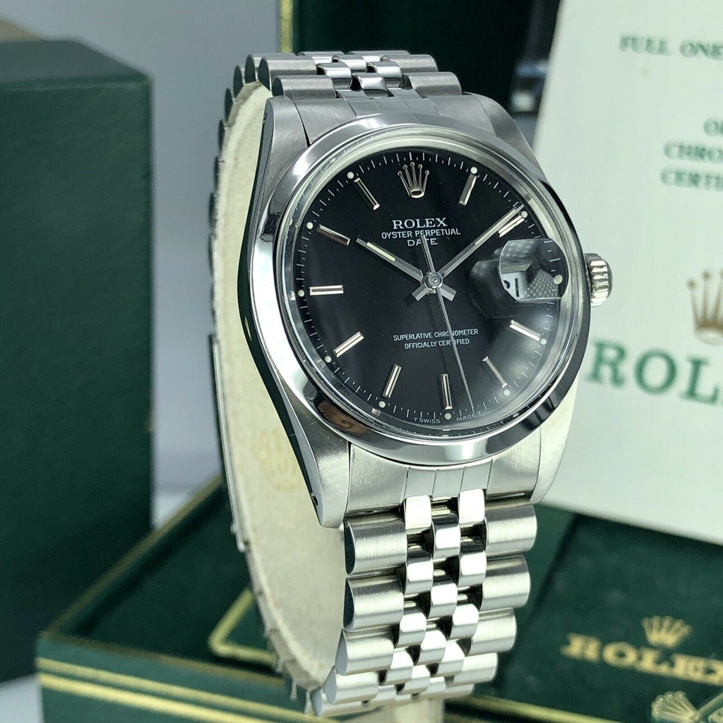 1988 Vintage Rolex Date 15000 Black Dial Unpolished Jubilee Box and Papers