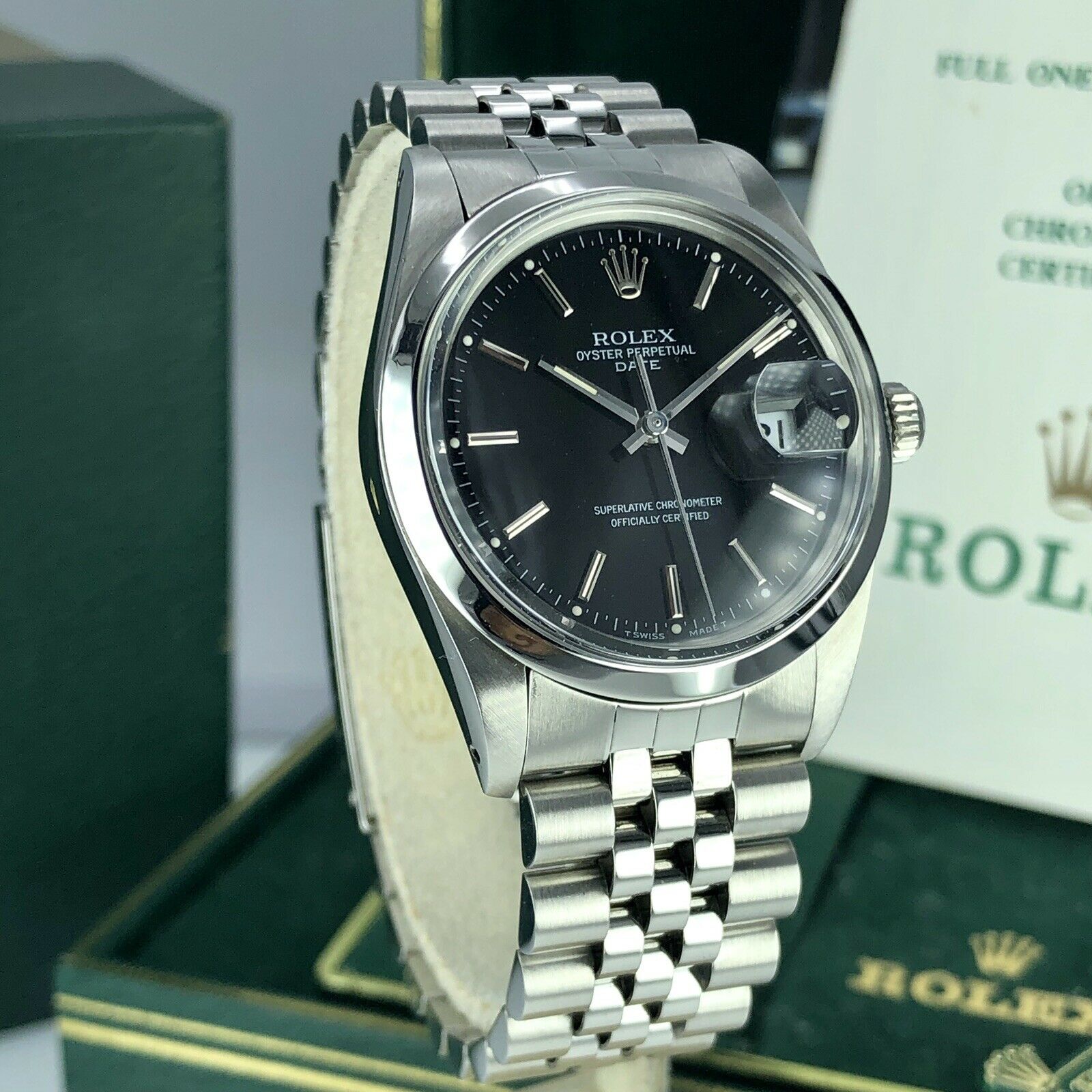 1988 Vintage Rolex Date 15000 Black Dial Unpolished Jubilee Box and Papers