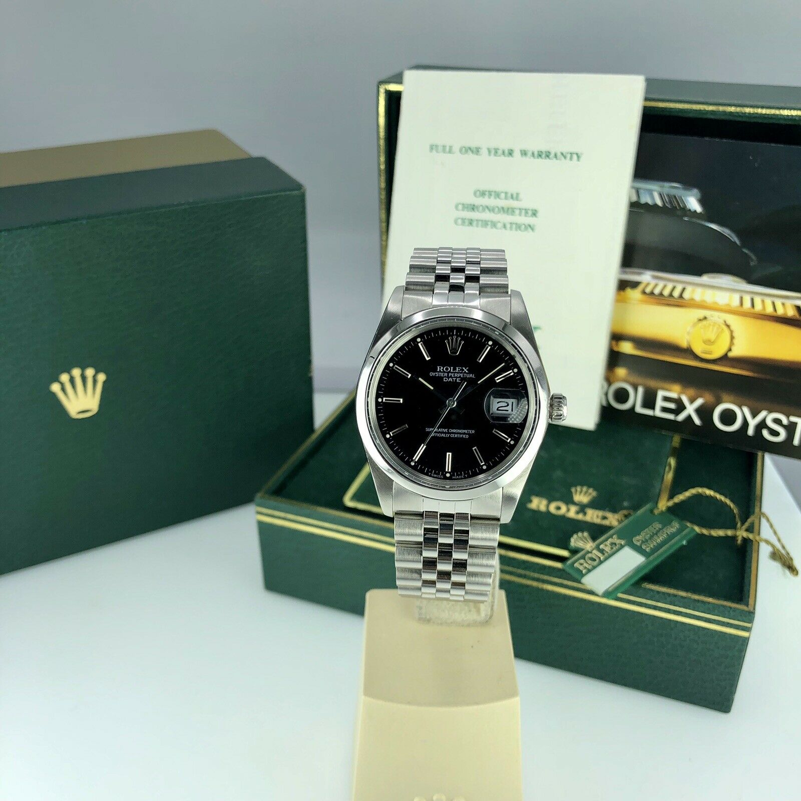 1988 Vintage Rolex Date 15000 Black Dial Unpolished Jubilee Box and Papers
