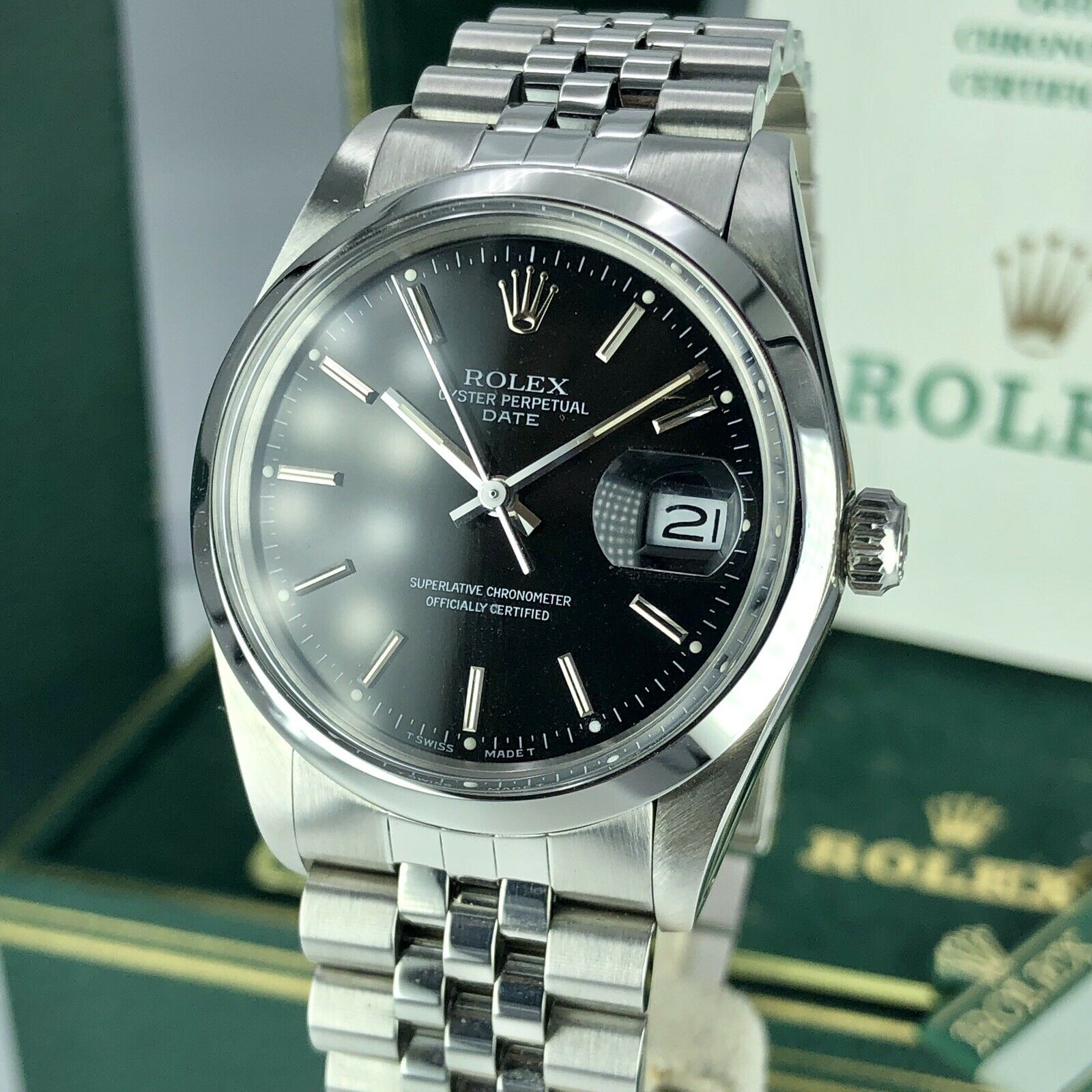 1988 Vintage Rolex Date 15000 Black Dial Unpolished Jubilee Box and Papers