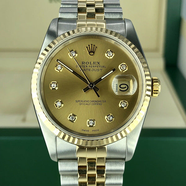 1989 Rolex 16233 Datejust 2 tone18k gold & Steel Diamond Champagne Dial w Box
