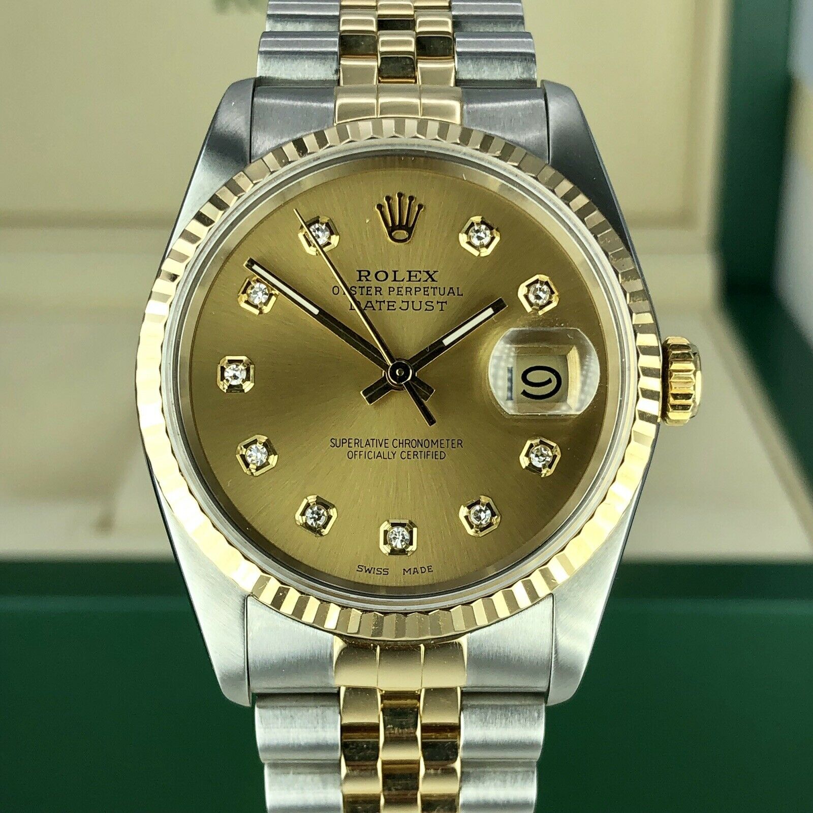 1989 Rolex 16233 Datejust 2 tone18k gold & Steel Diamond Champagne Dial w Box