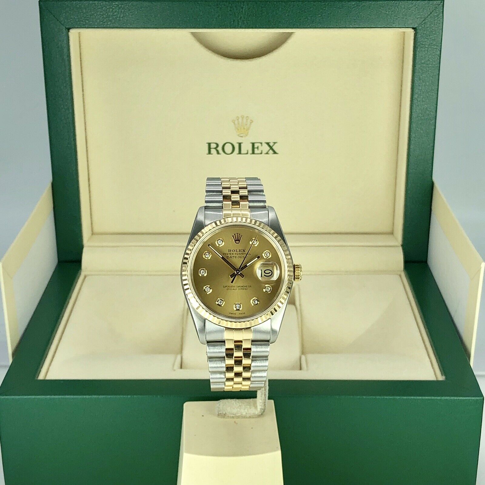 1989 Rolex 16233 Datejust 2 tone18k gold & Steel Diamond Champagne Dial w Box