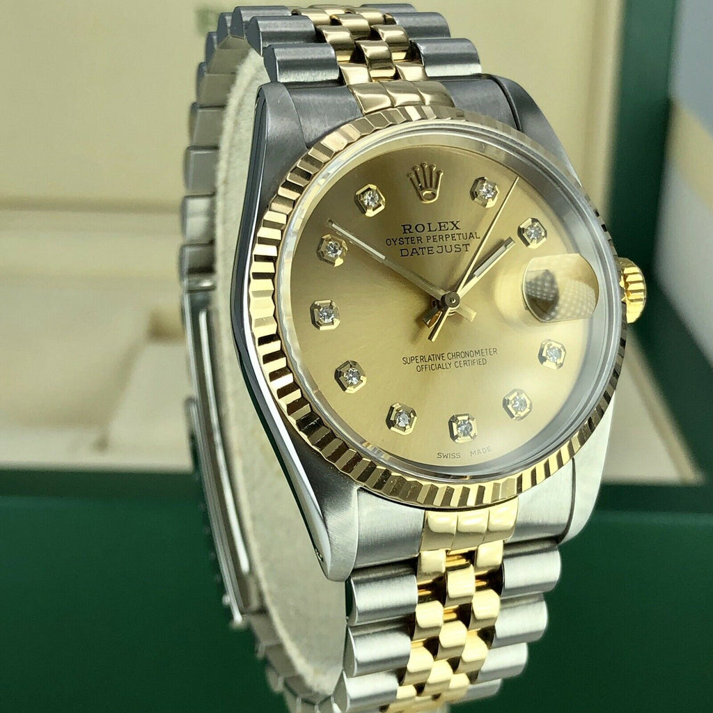 1989 Rolex 16233 Datejust 2 tone18k gold & Steel Diamond Champagne Dial w Box