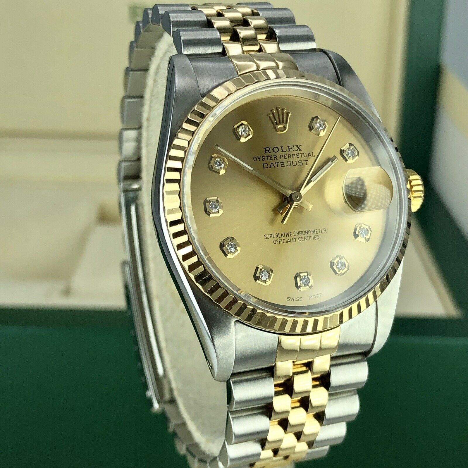 1989 Rolex 16233 Datejust 2 tone18k gold & Steel Diamond Champagne Dial w Box