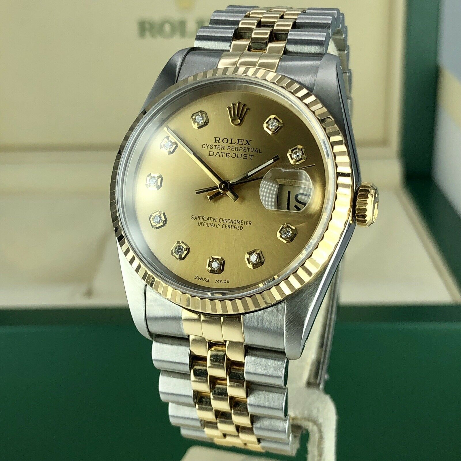 1989 Rolex 16233 Datejust 2 tone18k gold & Steel Diamond Champagne Dial w Box