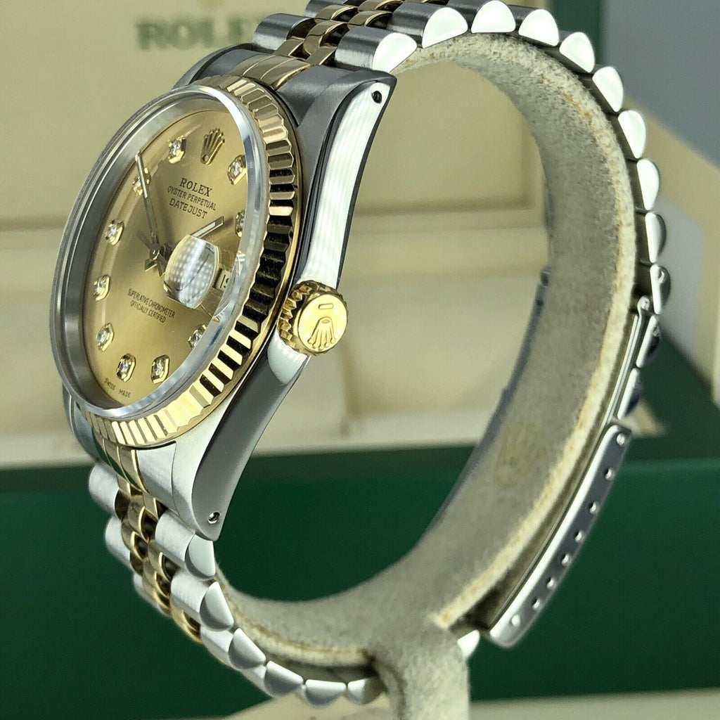 1989 Rolex 16233 Datejust 2 tone18k gold & Steel Diamond Champagne Dial w Box