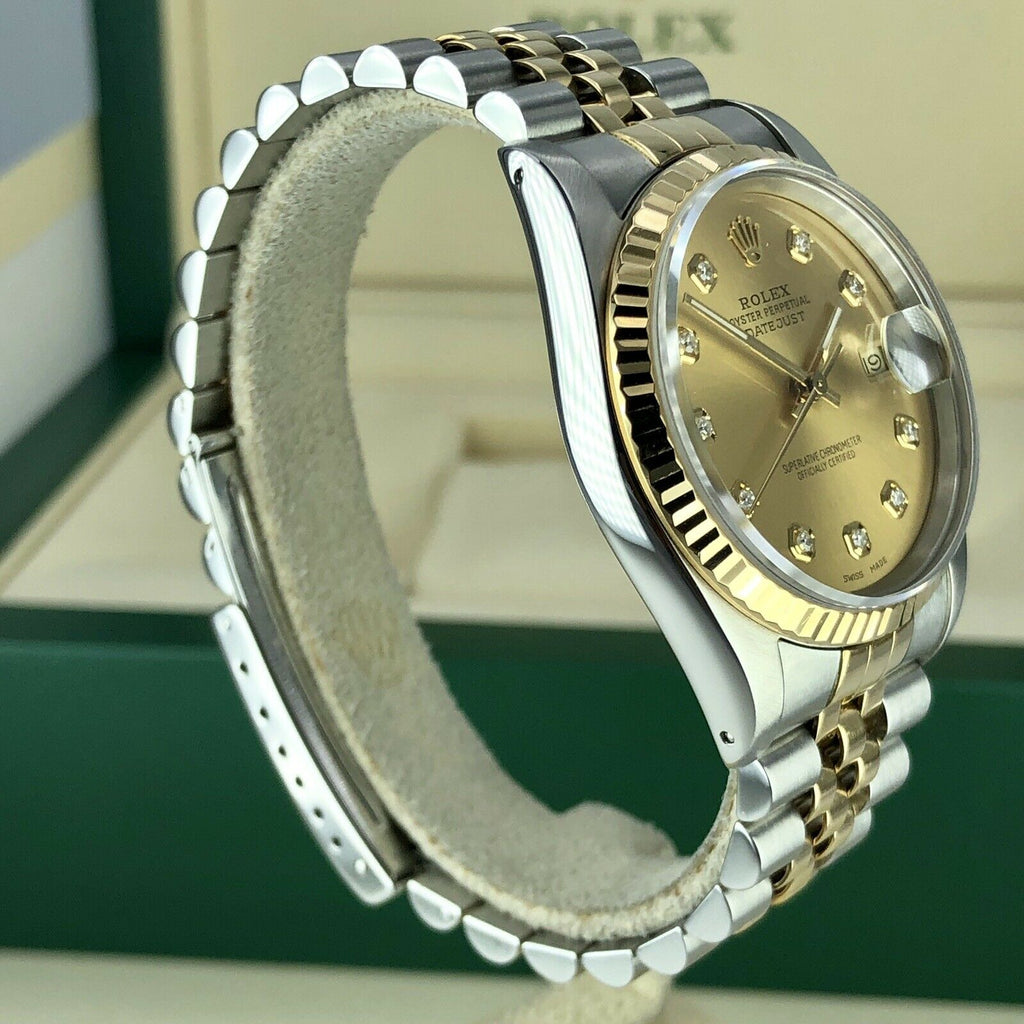 1989 Rolex 16233 Datejust 2 tone18k gold & Steel Diamond Champagne Dial w Box