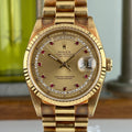 1990 Rolex Day-Date 18238 Unpolished President Yellow Gold Ruby & Diamond String Dial