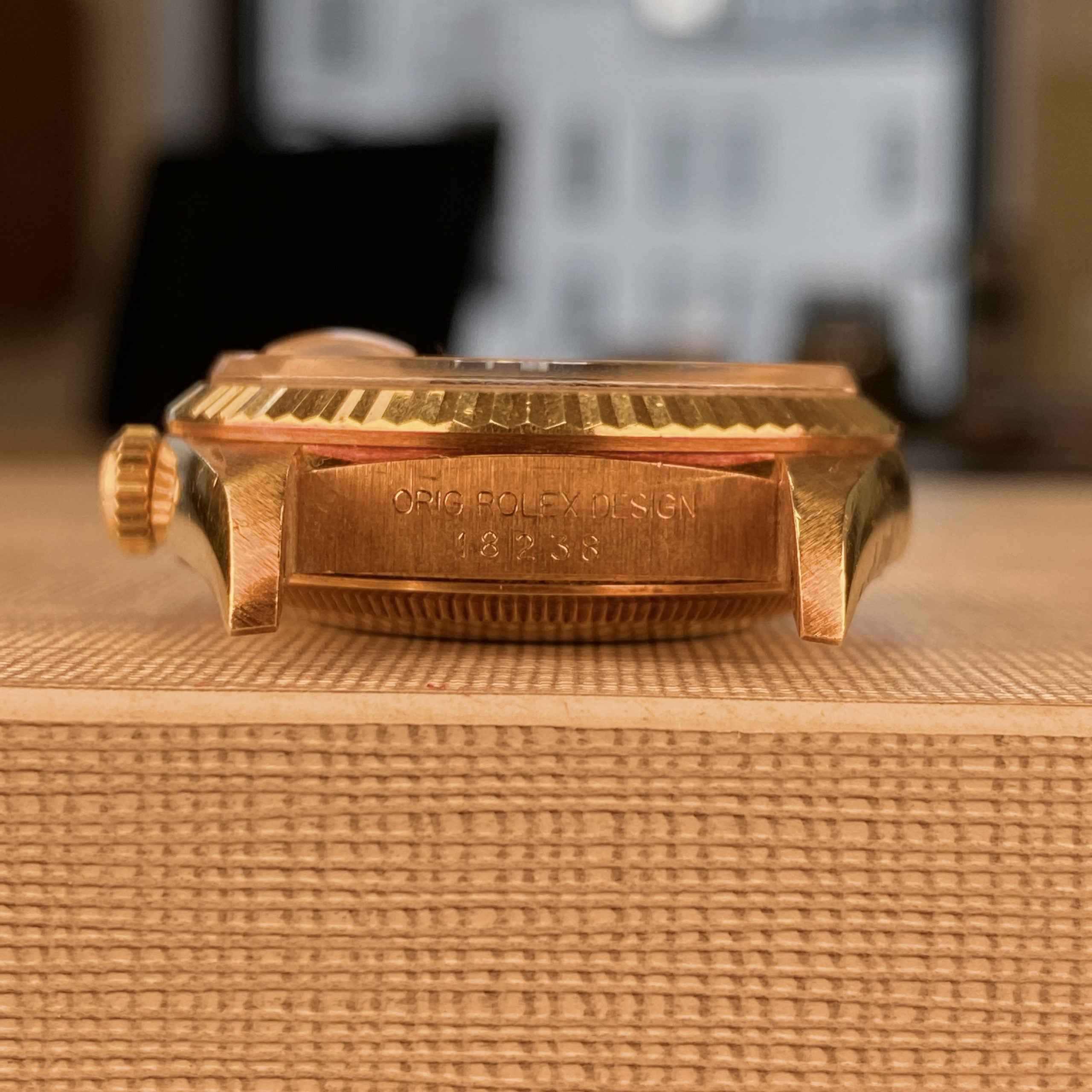 1990 Rolex Day-Date 18238 Unpolished President Yellow Gold Ruby & Diamond String Dial