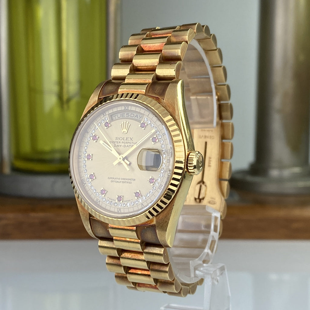 1990 Rolex Day-Date 18238 Unpolished President Yellow Gold Ruby & Diamond String Dial