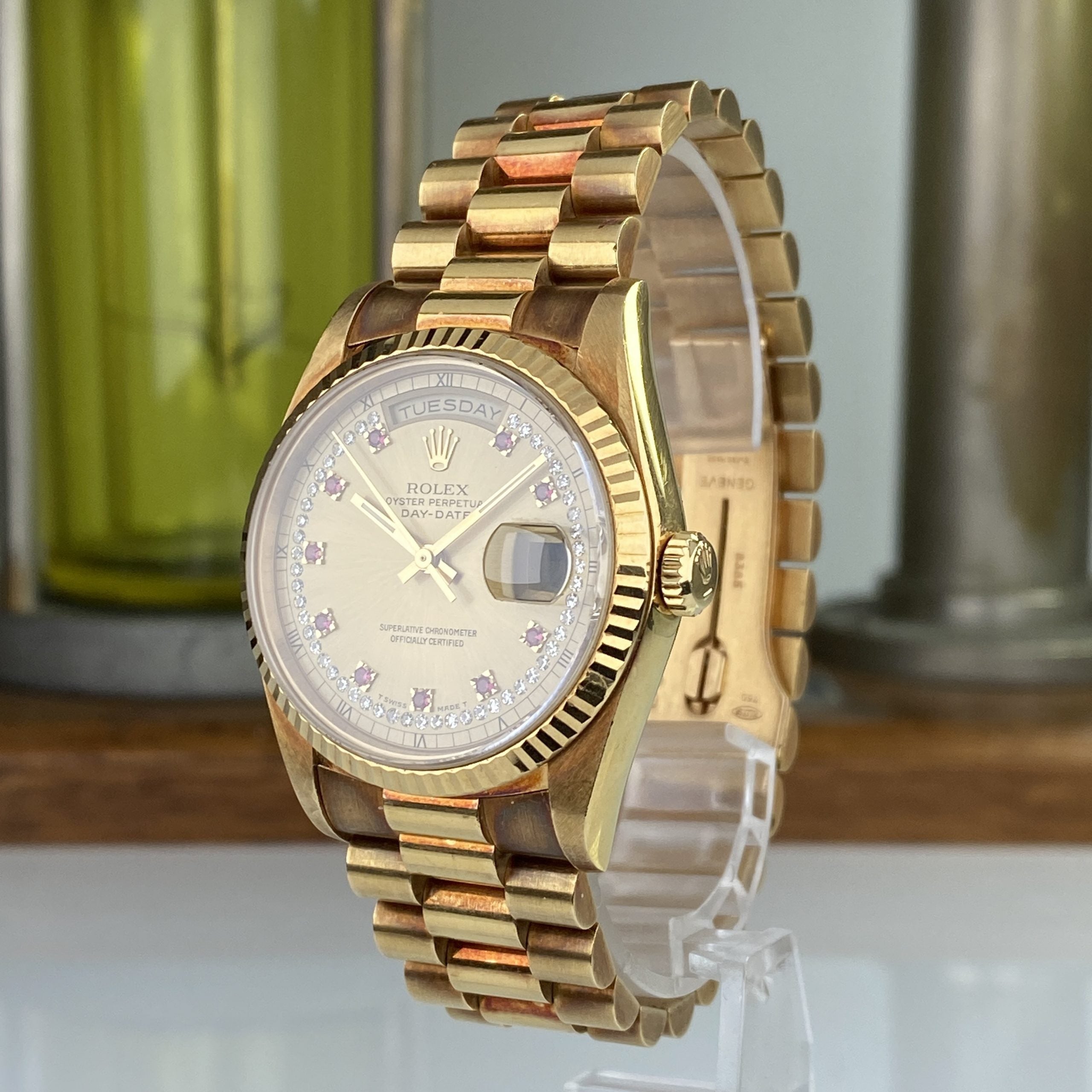 1990 Rolex Day-Date 18238 Unpolished President Yellow Gold Ruby & Diamond String Dial