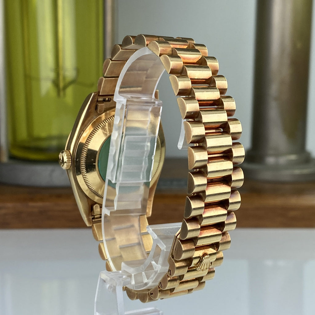 1990 Rolex Day-Date 18238 Unpolished President Yellow Gold Ruby & Diamond String Dial