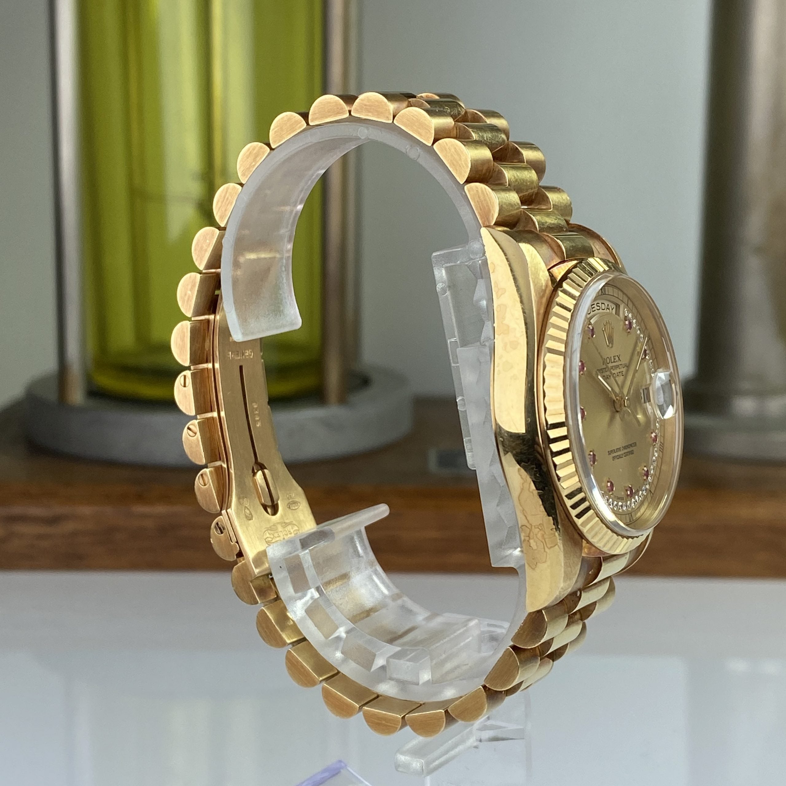 1990 Rolex Day-Date 18238 Unpolished President Yellow Gold Ruby & Diamond String Dial