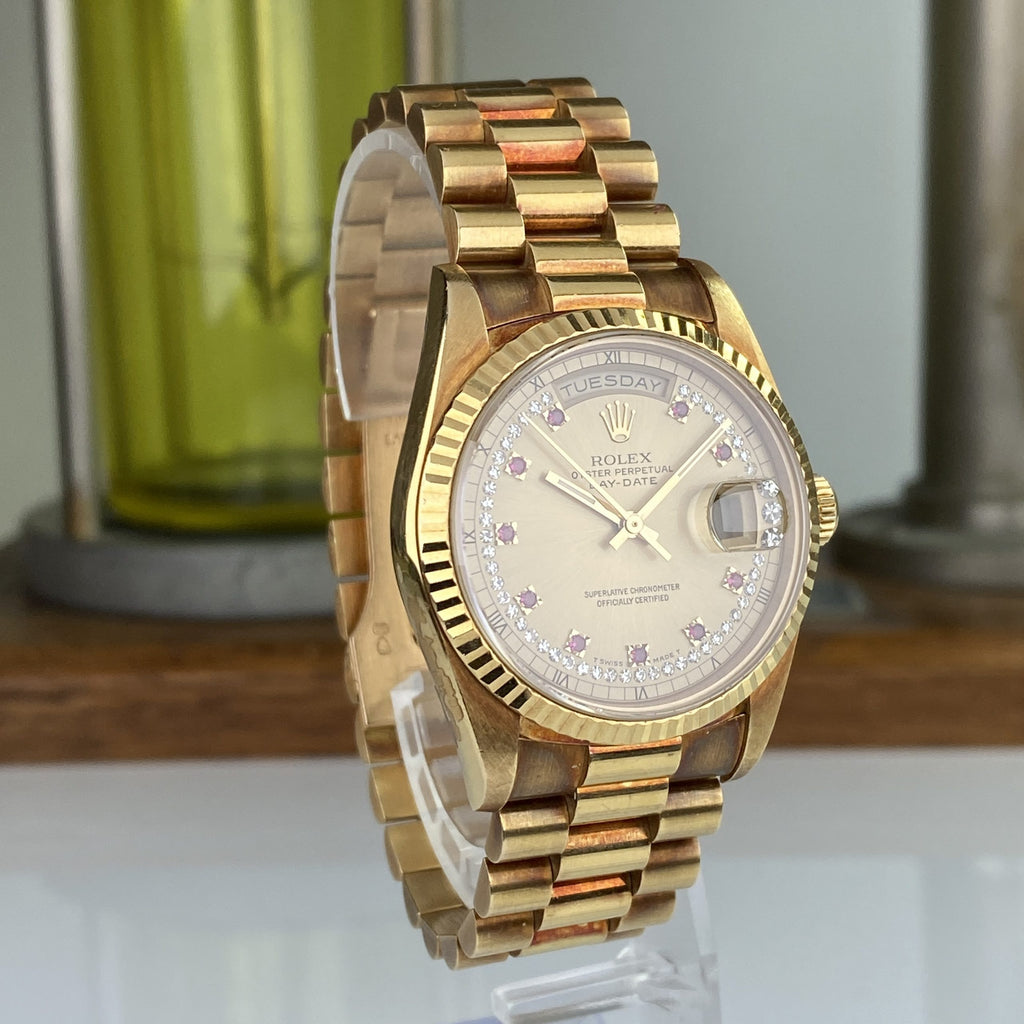 1990 Rolex Day-Date 18238 Unpolished President Yellow Gold Ruby & Diamond String Dial
