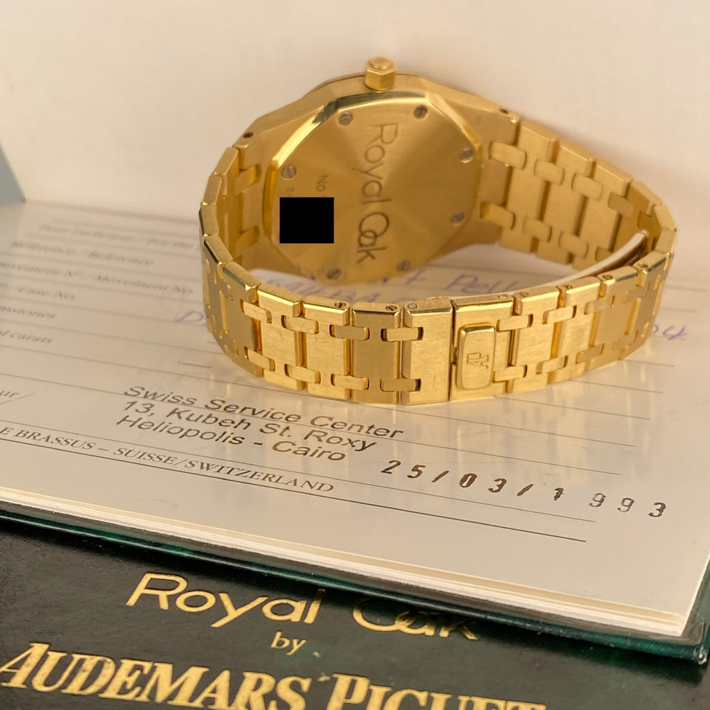 1993 Audemars Piguet Royal Oak 25594BA Day-Date Moonphase Yellow Gold Rare White Porcelain Roman Dial Complete Set