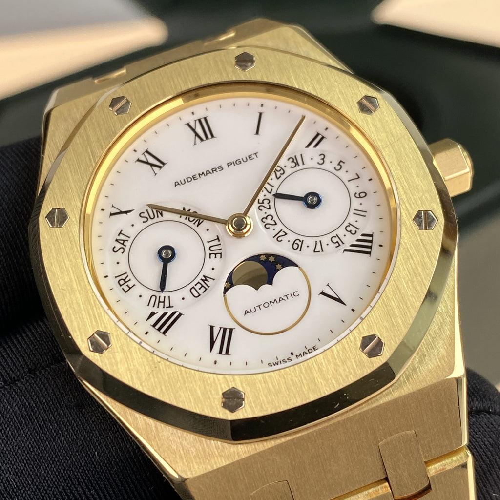 1993 Audemars Piguet Royal Oak 25594BA Day-Date Moonphase Yellow Gold Rare White Porcelain Roman Dial Complete Set