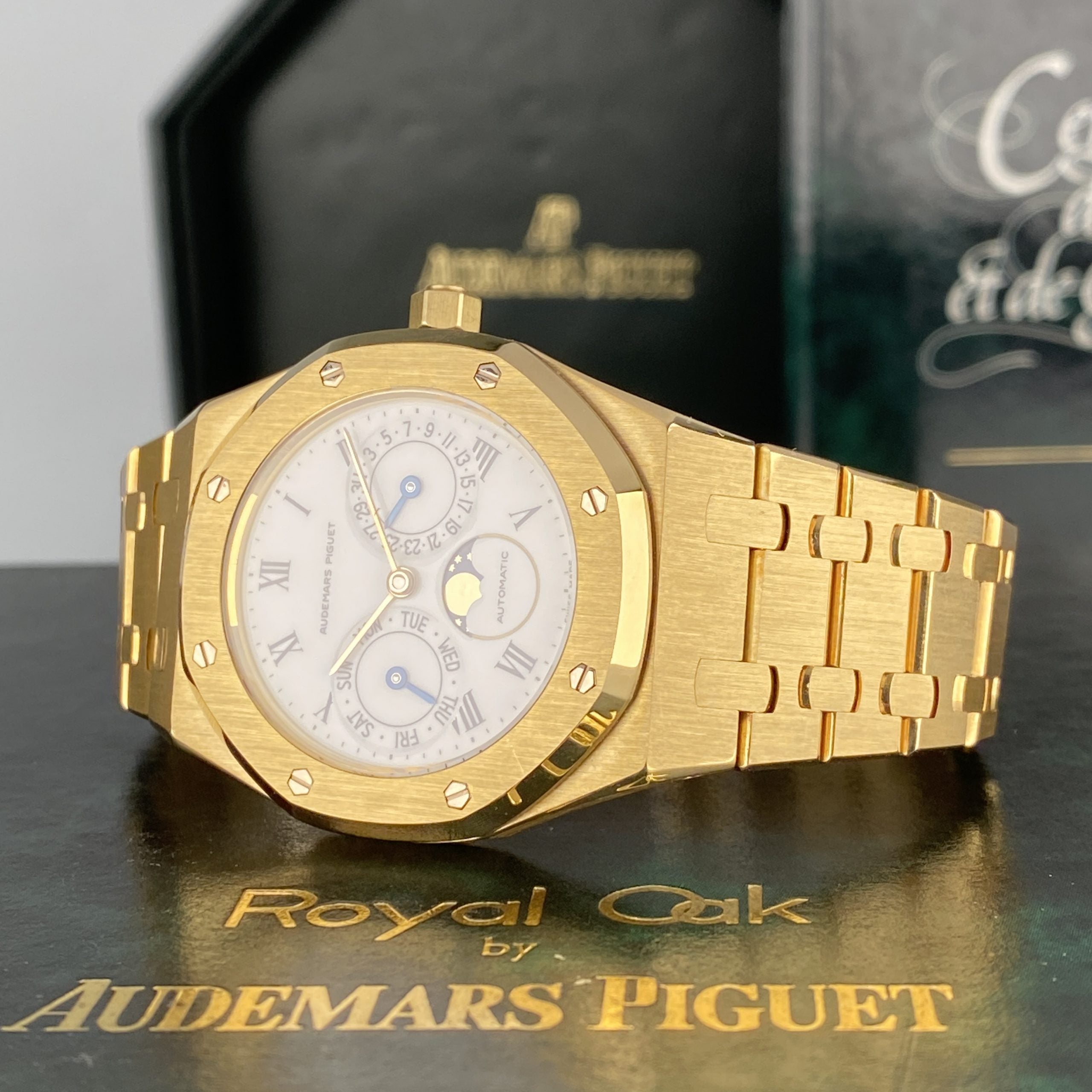 1993 Audemars Piguet Royal Oak 25594BA Day-Date Moonphase Yellow Gold Rare White Porcelain Roman Dial Complete Set