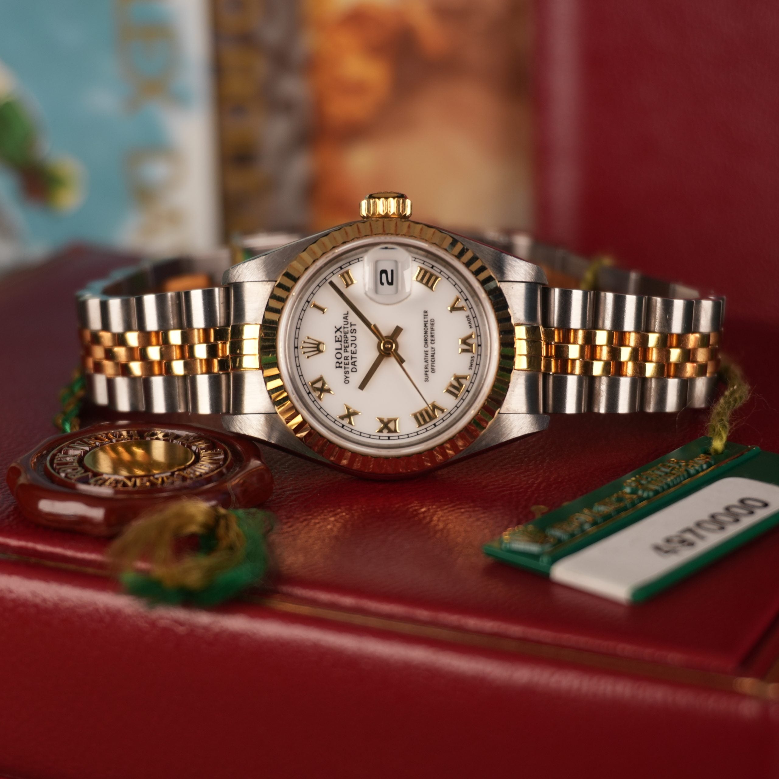 1993 NOS Rolex Datejust Ladies 69173 18K Yellow Gold & Steel White Roman Dial New Old Stock