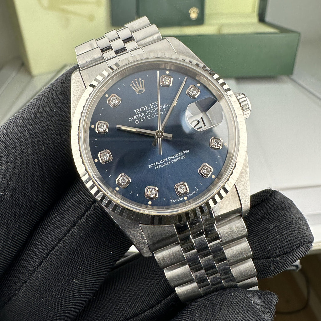 1995 Rolex Datejust 16234 Steel & Gold Jubilee Unpolished Factory Blue Diamond Dial box & papers