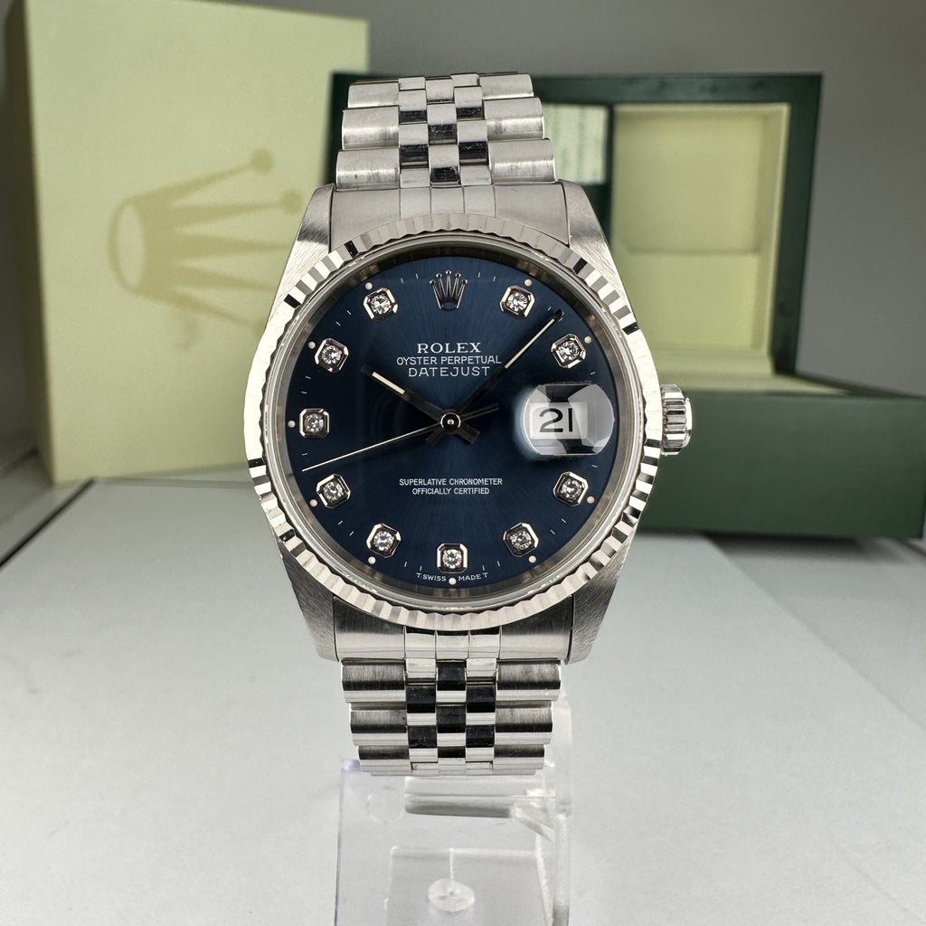 1995 Rolex Datejust 16234 Steel & Gold Jubilee Unpolished Factory Blue Diamond Dial box & papers