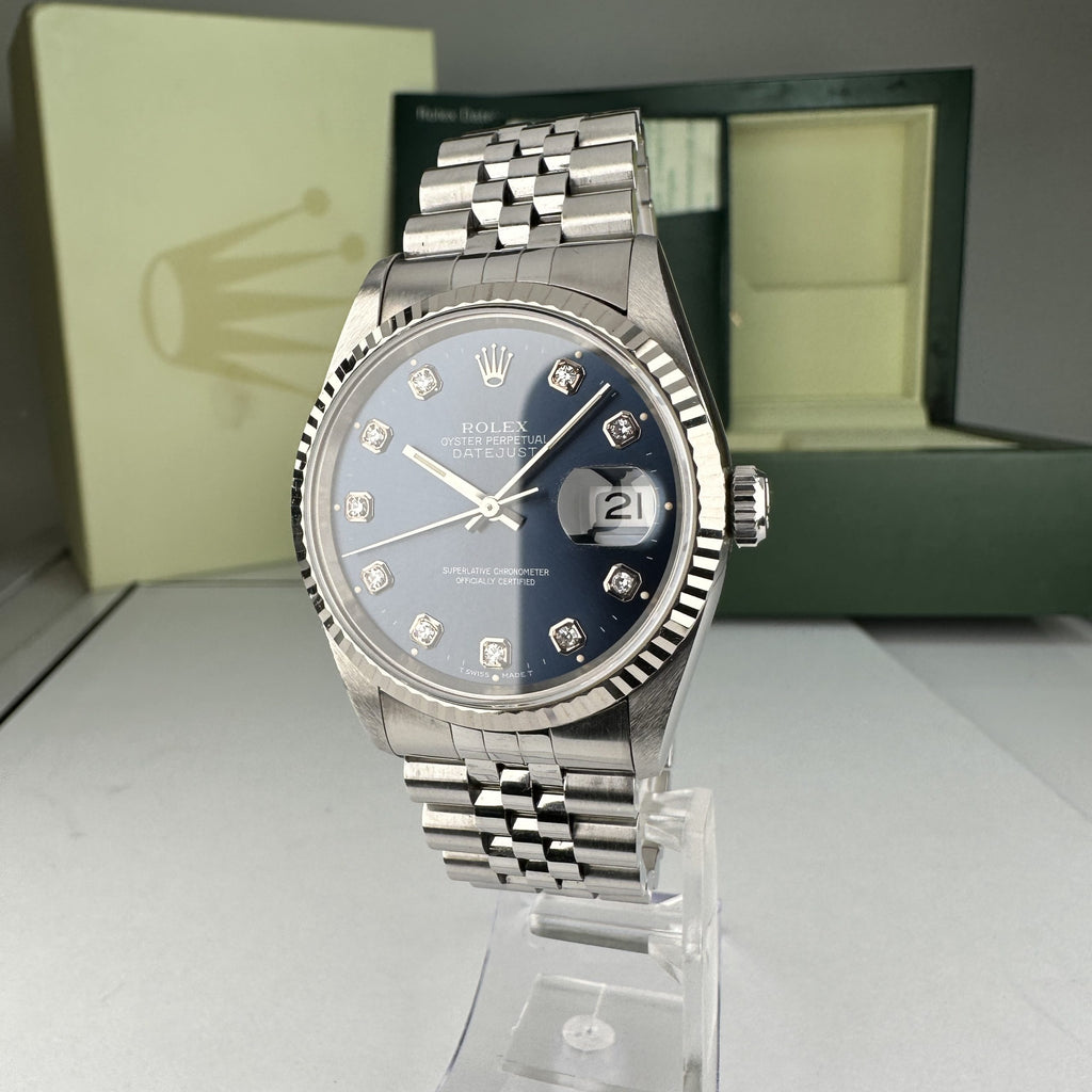 1995 Rolex Datejust 16234 Steel & Gold Jubilee Unpolished Factory Blue Diamond Dial box & papers