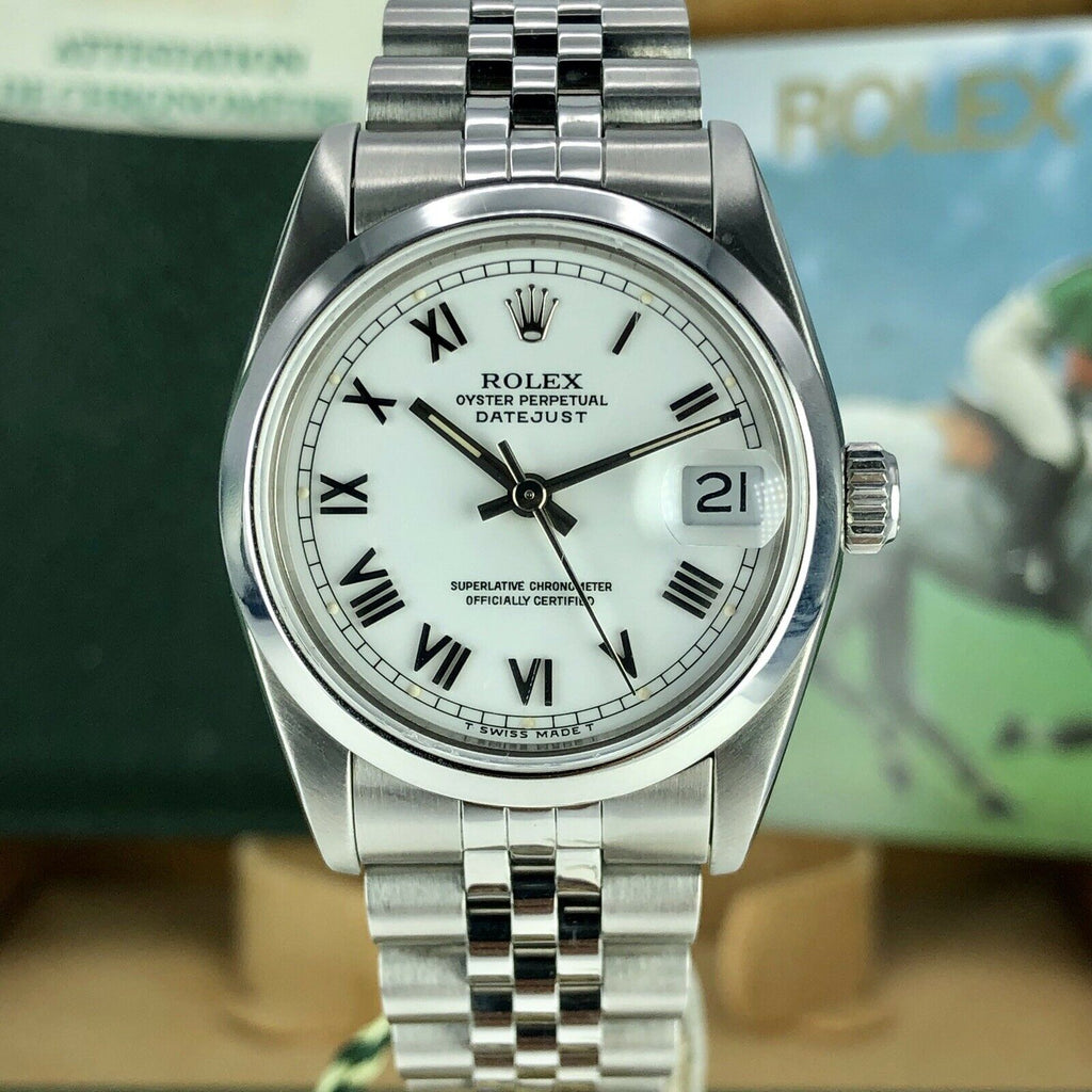 1995 Rolex Datejust 68240 Mid Size Factory White Roman Dial 31mm W Box & Papers
