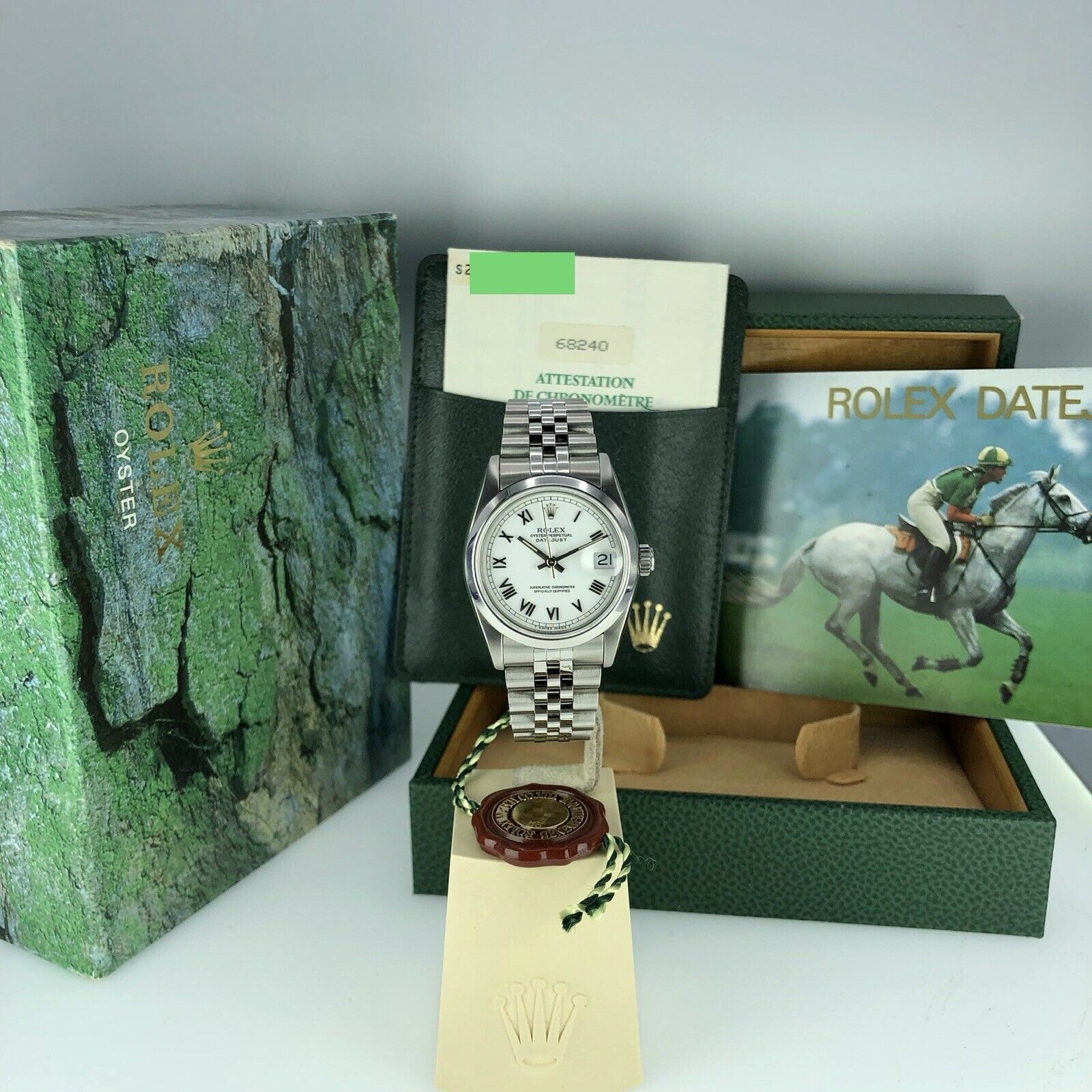 1995 Rolex Datejust 68240 Mid Size Factory White Roman Dial 31mm W Box & Papers