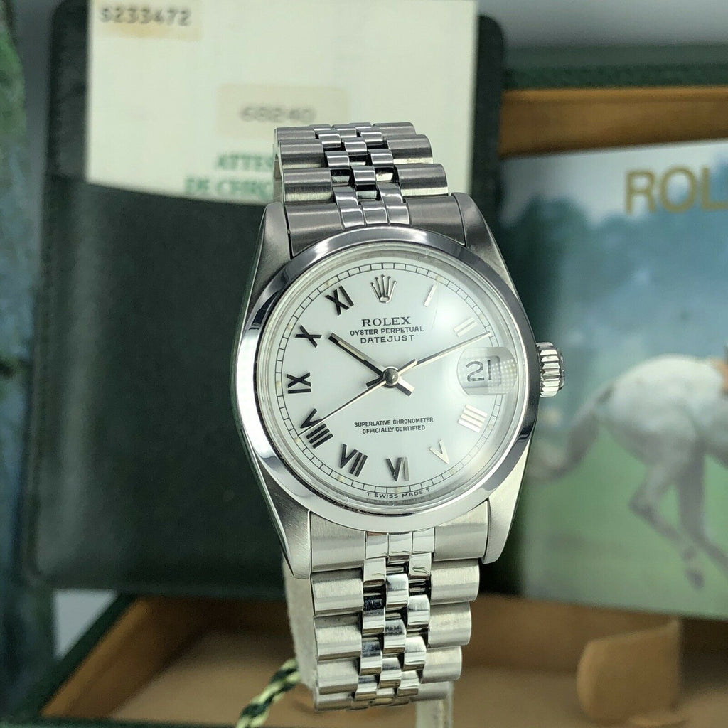 1995 Rolex Datejust 68240 Mid Size Factory White Roman Dial 31mm W Box & Papers