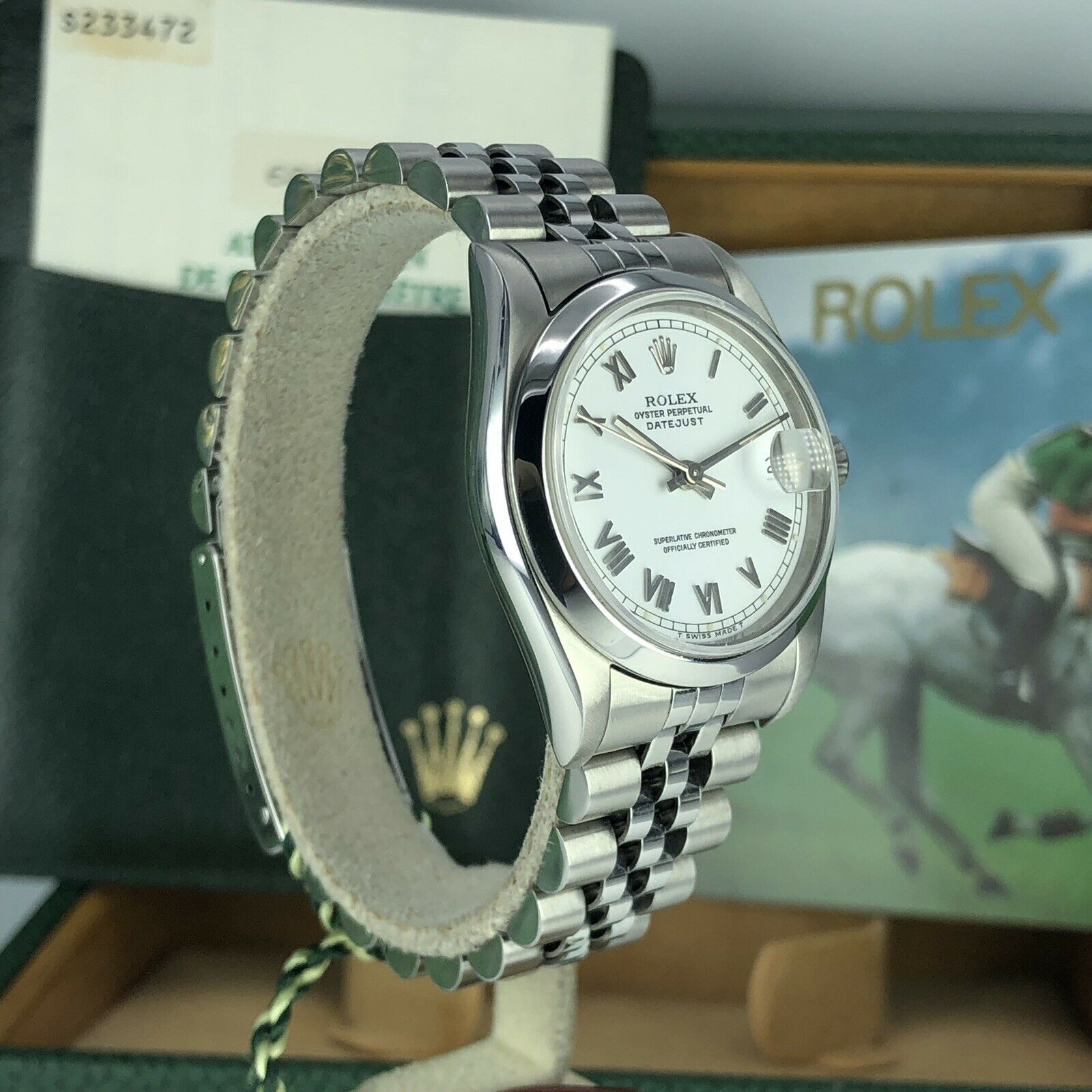 1995 Rolex Datejust 68240 Mid Size Factory White Roman Dial 31mm W Box & Papers
