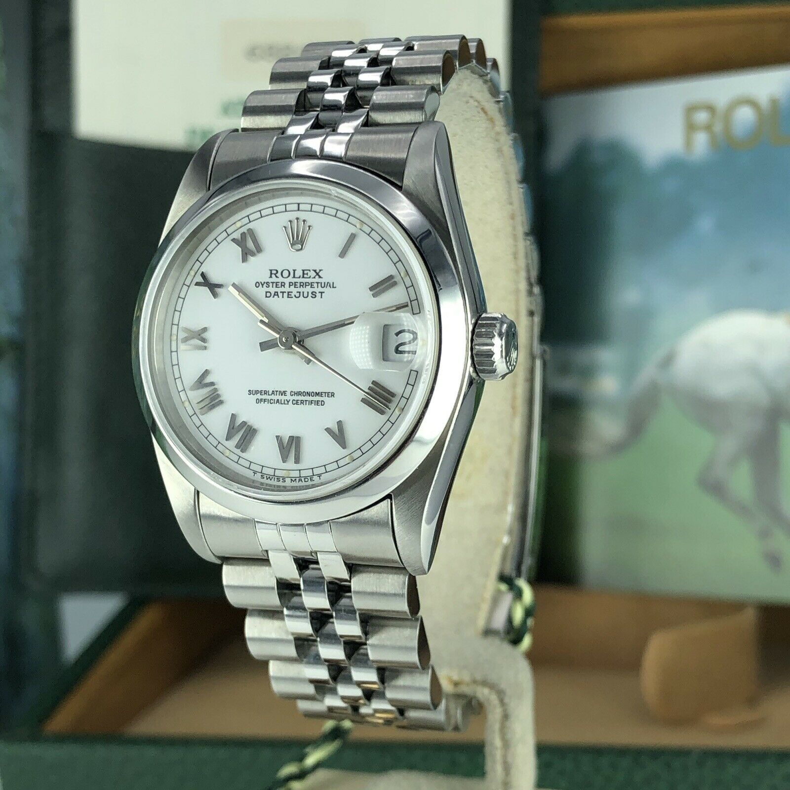 1995 Rolex Datejust 68240 Mid Size Factory White Roman Dial 31mm W Box & Papers