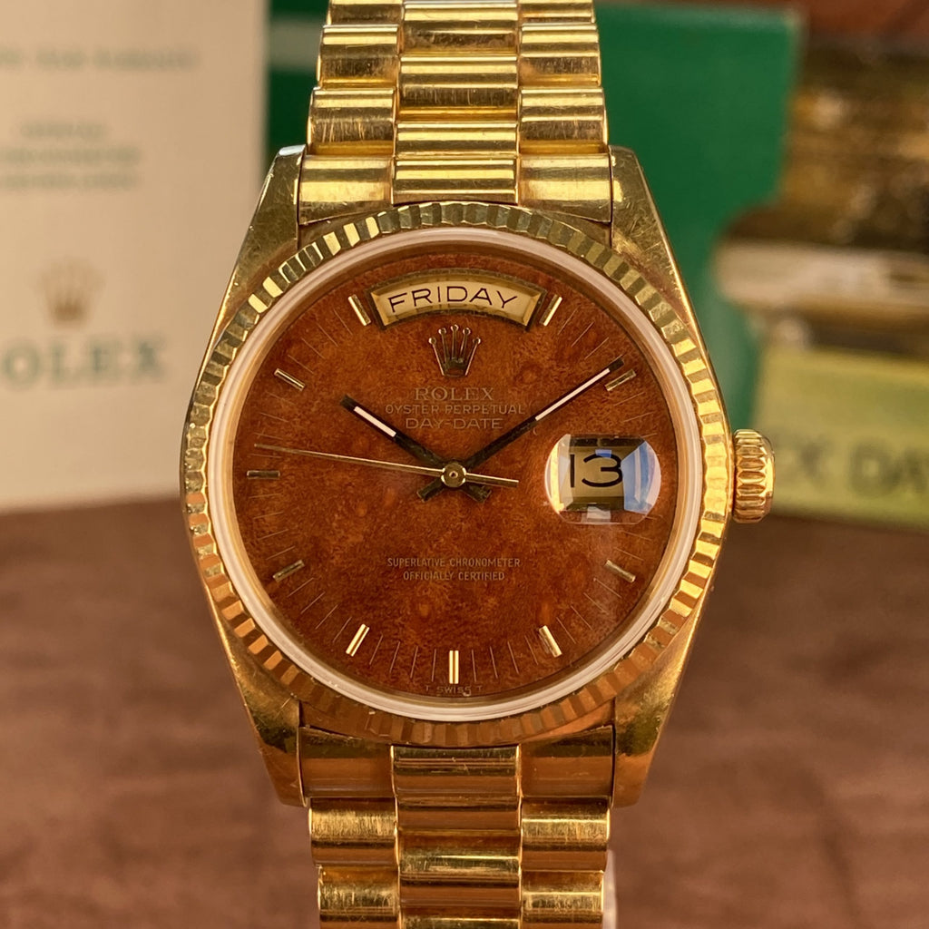 1988 Rolex Day-Date 18038 Wood Dial Complete Set Box & Papers