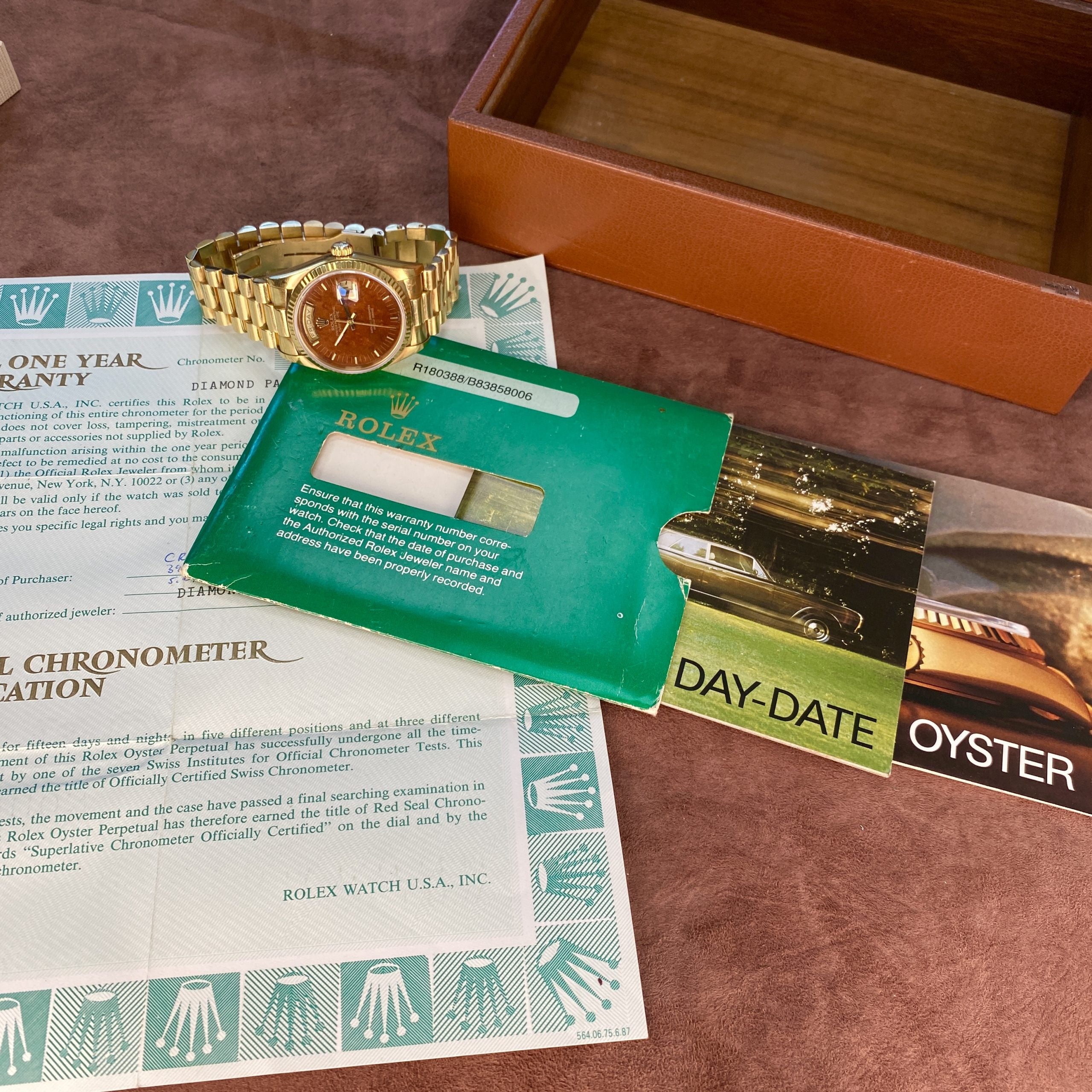 1988 Rolex Day-Date 18038 Wood Dial Complete Set Box & Papers