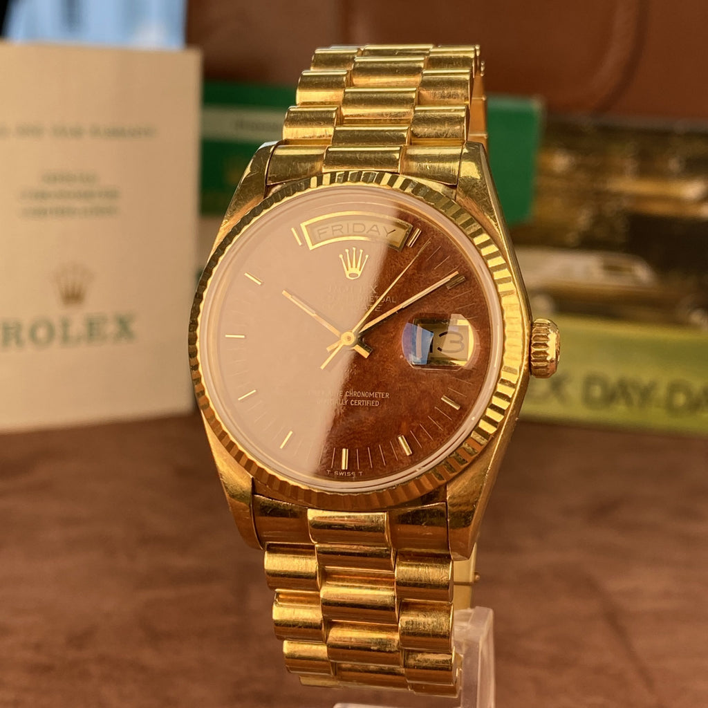 1988 Rolex Day-Date 18038 Wood Dial Complete Set Box & Papers