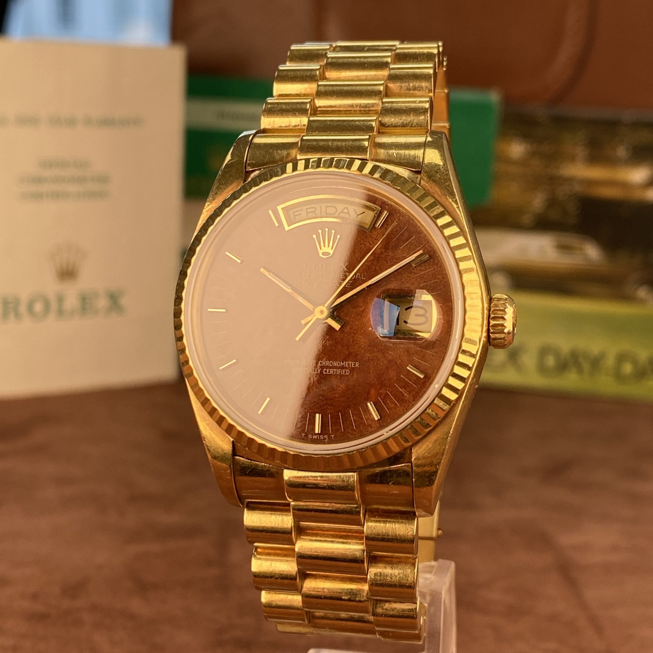1988 Rolex Day-Date 18038 Wood Dial Complete Set Box & Papers