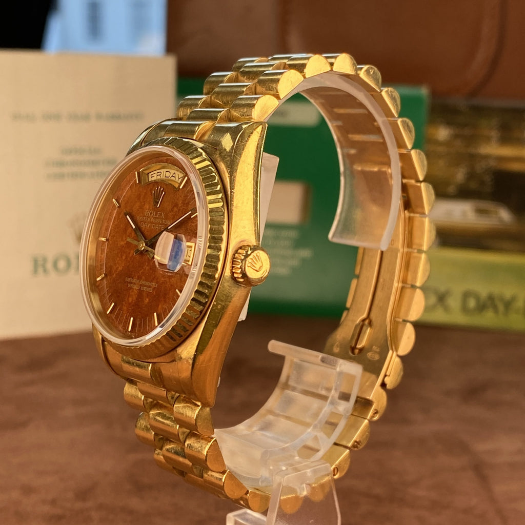 1988 Rolex Day-Date 18038 Wood Dial Complete Set Box & Papers