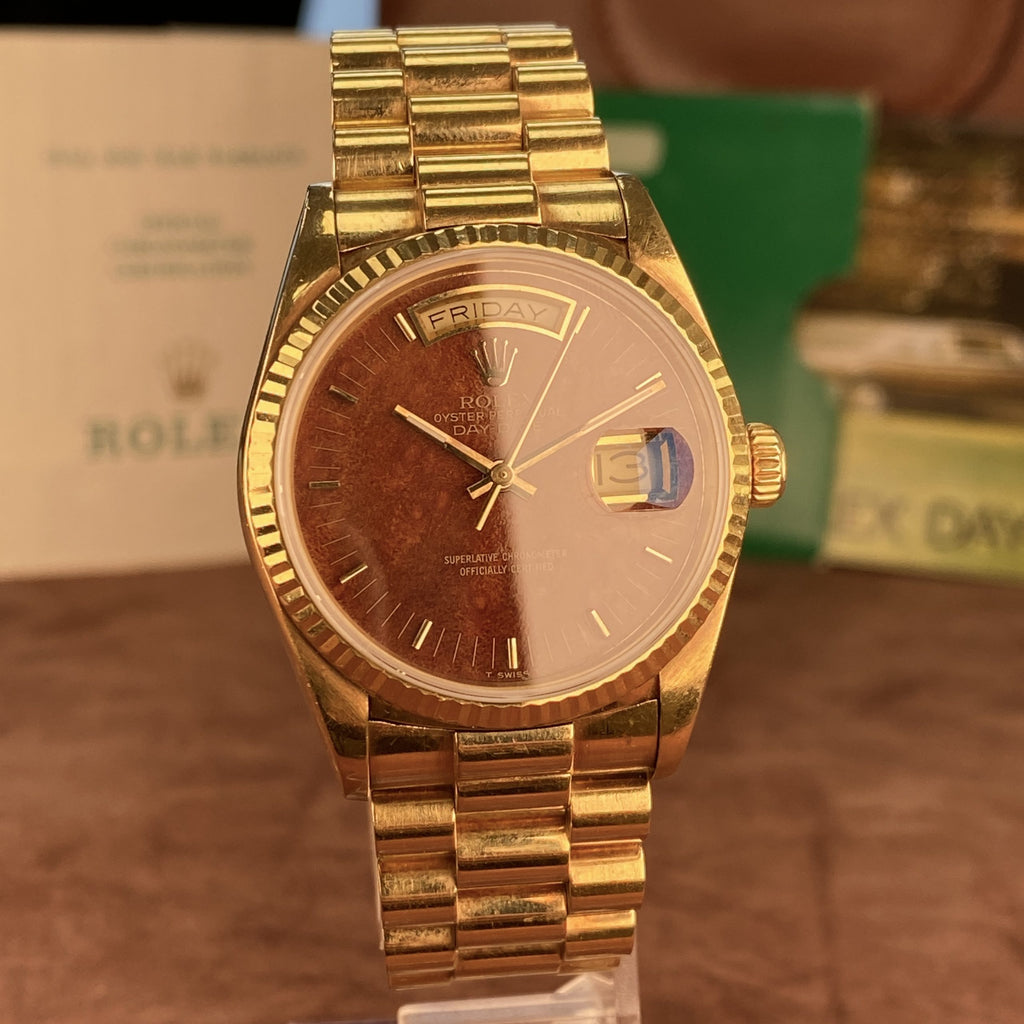 1988 Rolex Day-Date 18038 Wood Dial Complete Set Box & Papers