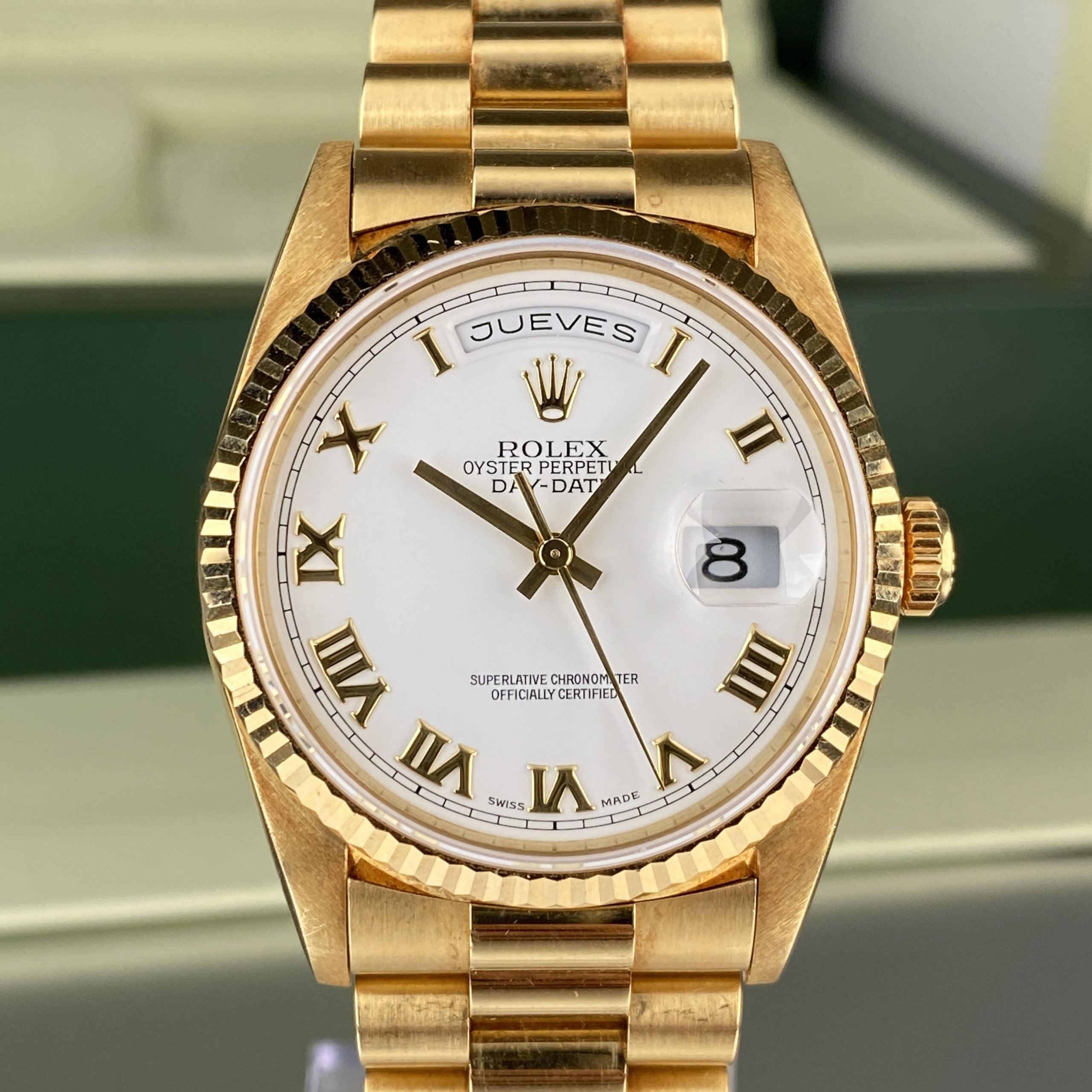 1995 Rolex Day-Date 18208 Unpolished President Yellow Gold Roman Dial and Spanish Day