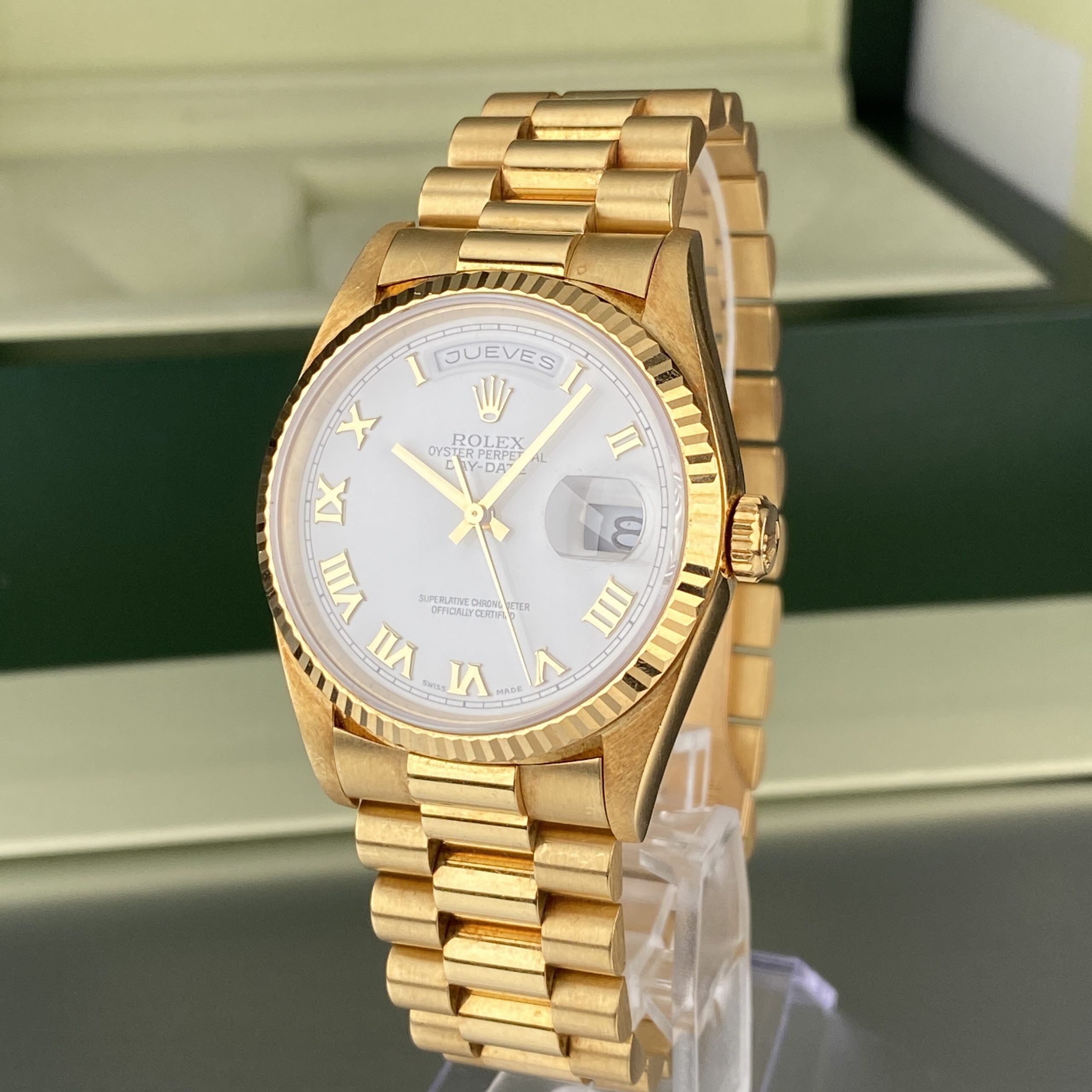 1995 Rolex Day-Date 18208 Unpolished President Yellow Gold Roman Dial and Spanish Day