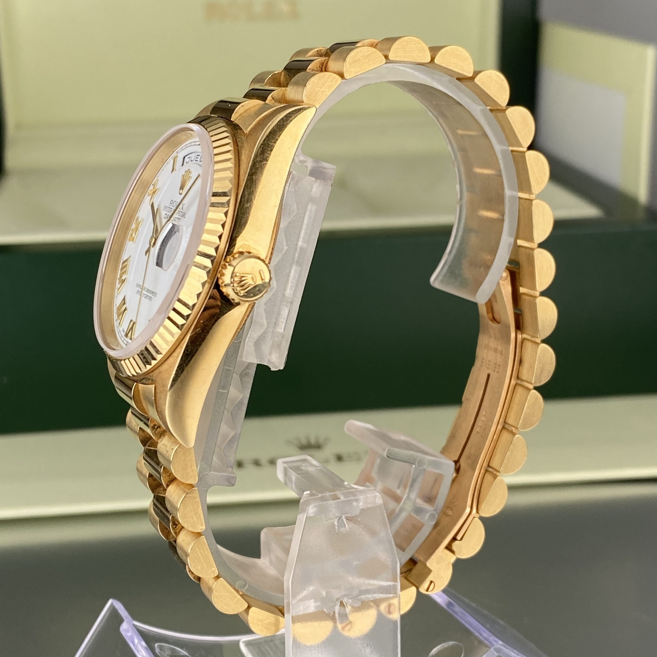 1995 Rolex Day-Date 18208 Unpolished President Yellow Gold Roman Dial and Spanish Day