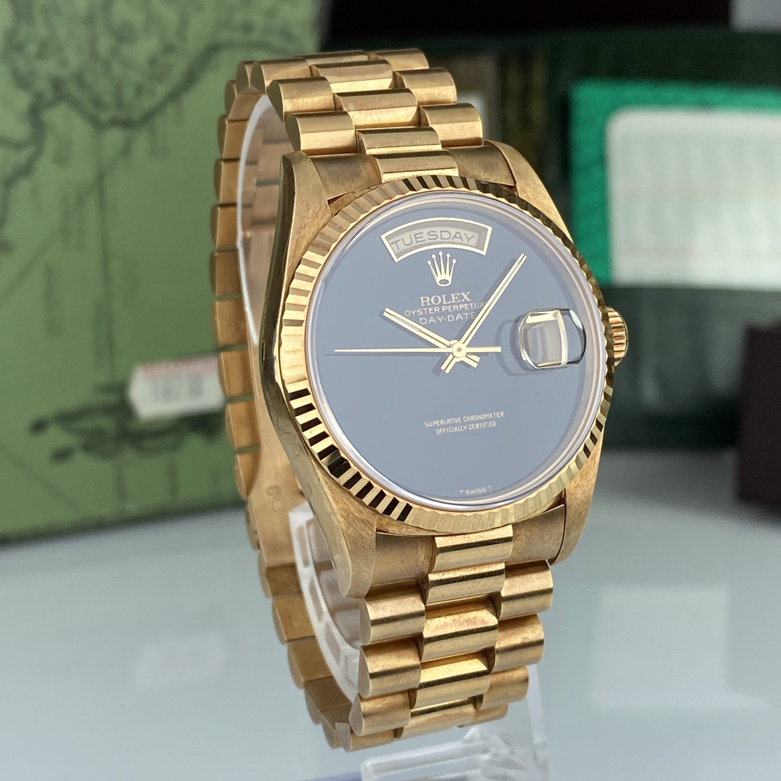 1995 Rolex Day-Date 18238 Onyx Dial Unpolished Complete Set Box & Papers