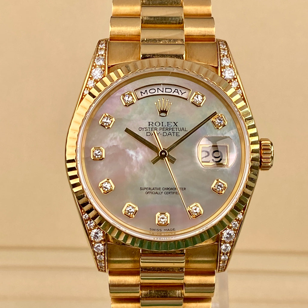 1996 Rolex Day-Date 18338 President Unpolished Yellow Gold with Factory MOP Diamonds Dial & Factory Diamonds Lugs