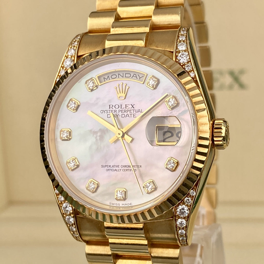 1996 Rolex Day-Date 18338 President Unpolished Yellow Gold with Factory MOP Diamonds Dial & Factory Diamonds Lugs