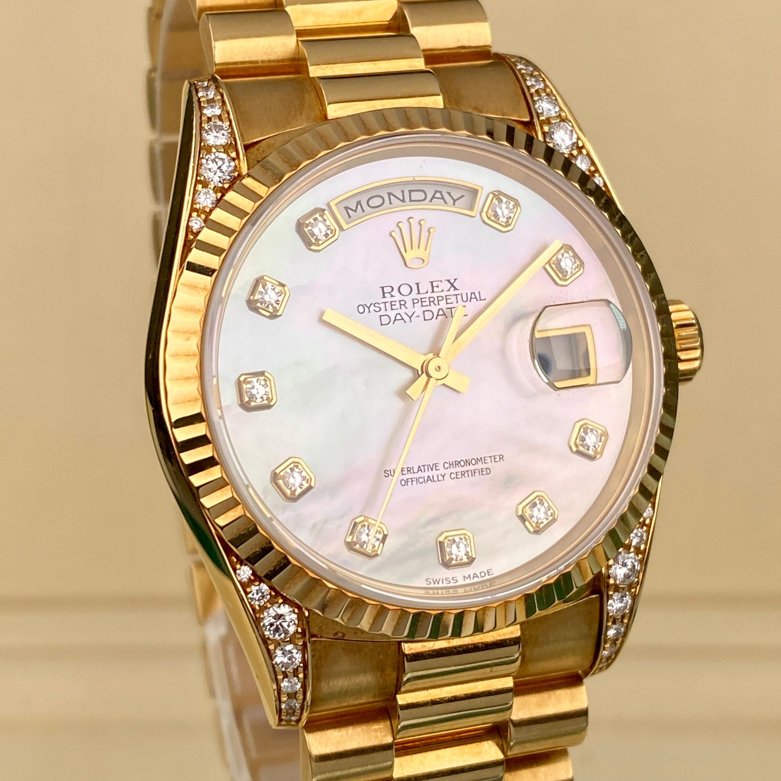1996 Rolex Day-Date 18338 President Unpolished Yellow Gold with Factory MOP Diamonds Dial & Factory Diamonds Lugs